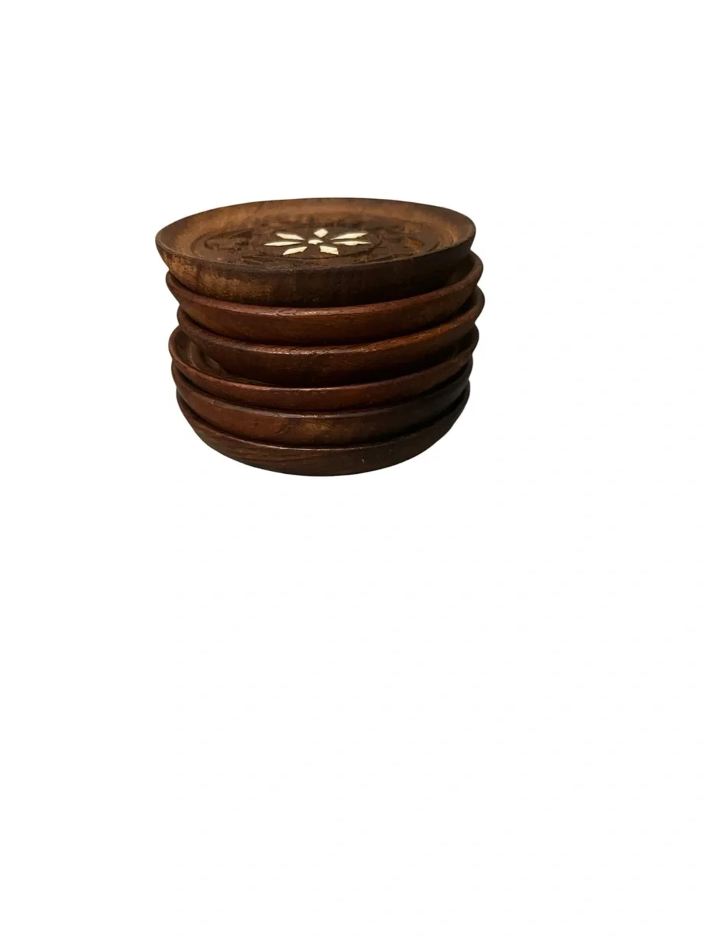 *NFS*Vintage Hand Carved Wood Coasters With Shell Inlay - Set of 6